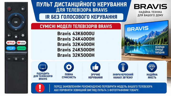 Пульт дистанційного керування (ДК) для телевізора BRAVIS моделі 43K6000U IR без голосового керування - зображення 2