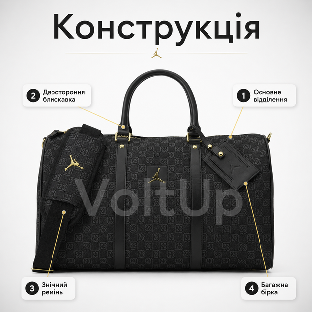Спортивна сумка чорна Jordan Monogram 47 × 29 × 21 см з бавовни та поліестеру з двосторонньою блискавкою - зображення 4