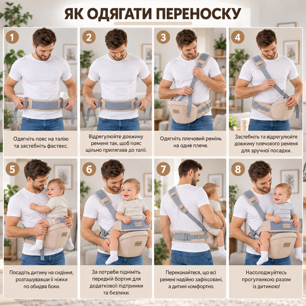 Хипсит переноска для ношения малыша на поясе (до 3-х лет, до 15 кг, размер пояса 67–110, бежевый) - Фото 5 Хипсит переноска для ношения малыша на поясе (до 3-х лет, до 15 кг, размер пояса 67–110, бежевый) - изображение 5