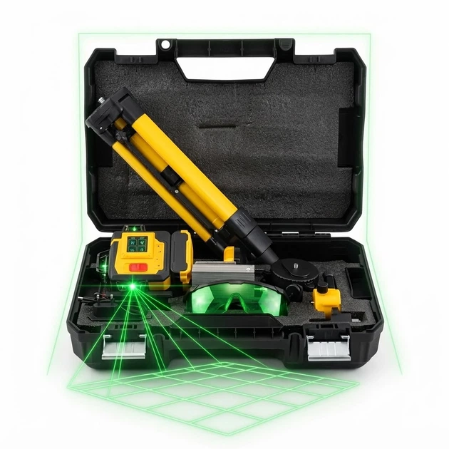Лазерный нивелир DeWalt CLE34031N профессиональный 4D 16 зеленых линий 360° LED дисплей самовыравнивающийся дальность до 20 м до 50 м с приемником IP54 с 2 АКБ штативом магнитным кронштейном пультом и кейсом - изображение 2