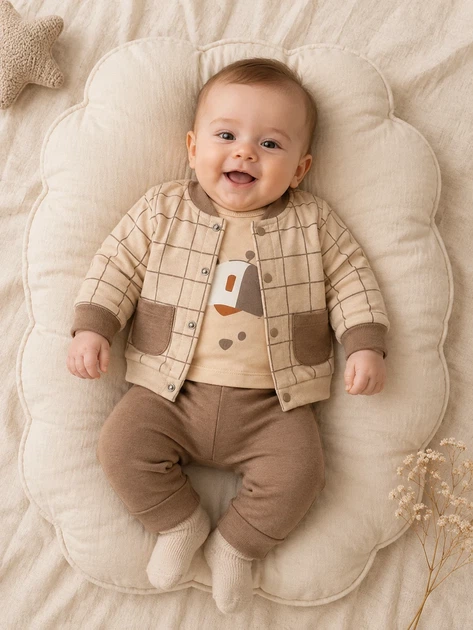 Костюм детский 3 в 1 в клетку Kiddo коричневый 80 см - Фото 1 Костюм детский 3 в 1 в клетку Kiddo коричневый 80 см - изображение 1