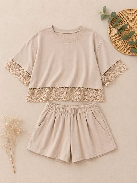Костюм с кружевом «Lace Summer» Kiddo бежевый 134 см - Фото 1 Костюм с кружевом «Lace Summer» Kiddo бежевый 134 см - изображение 1