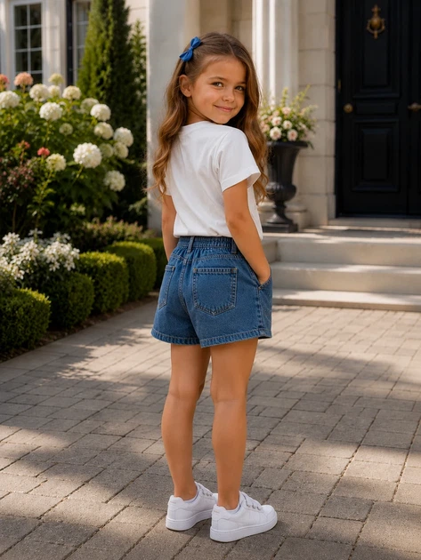 Комплект для девочки «Sparkle Denim» футболка и юбка-шорты Kiddo синий 104 см - Фото 2 Комплект для девочки «Sparkle Denim» футболка и юбка-шорты Kiddo синий 104 см - изображение 2