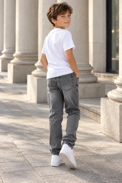 Джинсы Mom Fit на пуговице с затяжками Kiddo серый 164 см - изображение 2