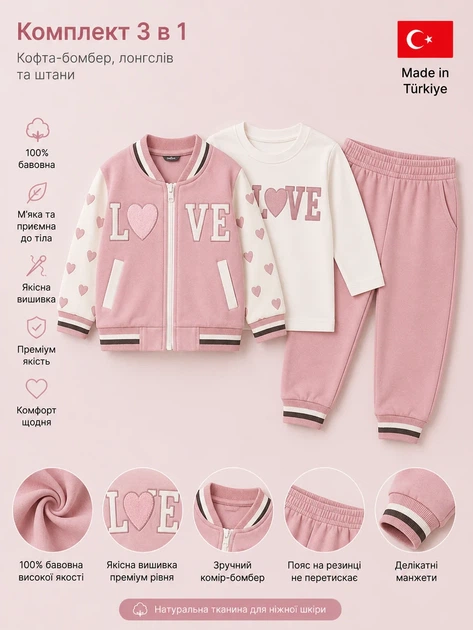 Комплект-тройка “LOVE” Kiddo пудровый 68 см - Фото 3 Комплект-тройка “LOVE” Kiddo пудровый 68 см - изображение 3