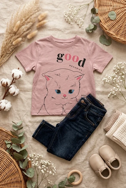 Футболка "Good Memories" с котенком Kiddo пудровый 122 см - Фото 3 Футболка "Good Memories" с котенком Kiddo пудровый 122 см - изображение 3