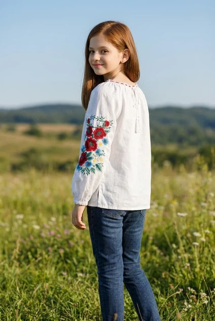 Дитяча вишиванка для дівчинки з маками та квітами Kiddo Білий розмір 146 (KIDDO-FFCCC8083F0F4595BC2AEFFF696028D9) - Фото 2 Дитяча вишиванка для дівчинки з маками та квітами Kiddo Білий розмір 146 (KIDDO-FFCCC8083F0F4595BC2AEFFF696028D9) - зображення 2