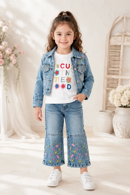 Костюм джинсовый тройка с вышивкой цветов и стразами Kiddo голубой 86 см - Фото 1 Костюм джинсовый тройка с вышивкой цветов и стразами Kiddo голубой 86 см - изображение 1