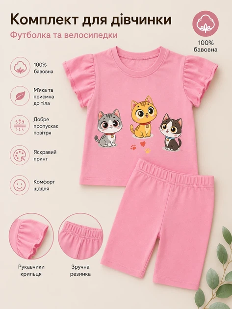 Комплект летний “Милые котята” Kiddo пудровый 104 см - Фото 3 Комплект летний “Милые котята” Kiddo пудровый 104 см - изображение 3