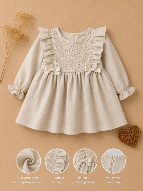 Платье льняное для девочки с кружевом “Linen Lace” Kiddo светлый бежевый 86 см - изображение 3