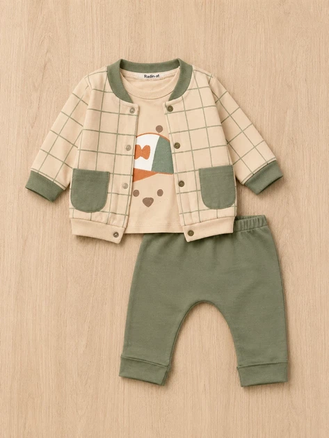 Костюм детский 3 в 1 в клетку Kiddo оливковый 74 см - Фото 2 Костюм детский 3 в 1 в клетку Kiddo оливковый 74 см - изображение 2