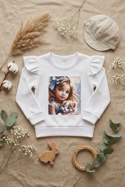 Кофта белая с рюшами на плечах и принтом девочки с котенком Kiddo белый 122 см - изображение 3