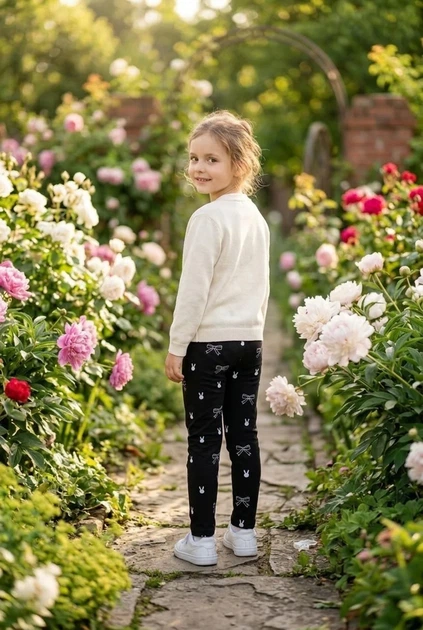 Лосины черные с принтом белых бантиков и зайчиков Kiddo черный 128 см - Фото 2 Лосины черные с принтом белых бантиков и зайчиков Kiddo черный 128 см - изображение 2