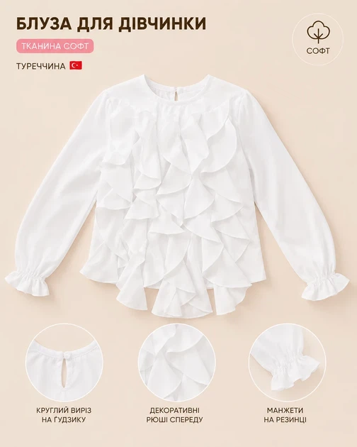 Святкова блуза Cascade Kiddo Білий розмір 128 (KIDDO-0DF2A548E8924419AFC57690EFA36A7A) - зображення 3
