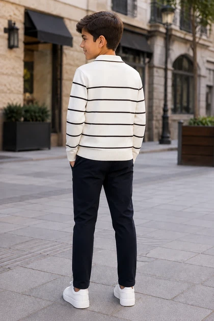 Вязаное поло в полоску Stripe Style Kiddo молочный 176 см - Фото 2 Вязаное поло в полоску Stripe Style Kiddo молочный 176 см - изображение 2