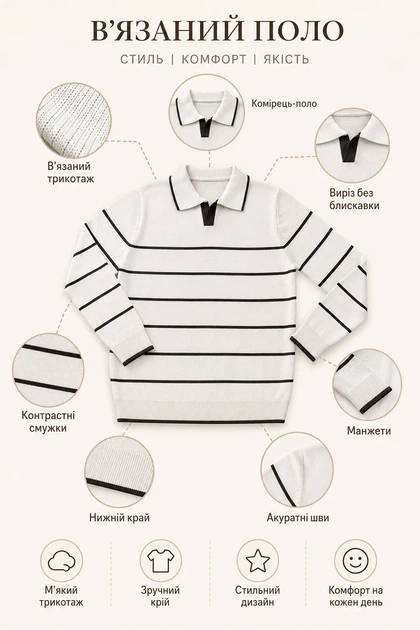 Вязаное поло в полоску Stripe Style Kiddo молочный 176 см - Фото 3 Вязаное поло в полоску Stripe Style Kiddo молочный 176 см - изображение 3