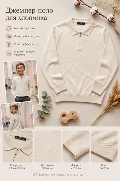 Кофта молочная поло с рельефным узором Kiddo молочный 146 см - изображение 3