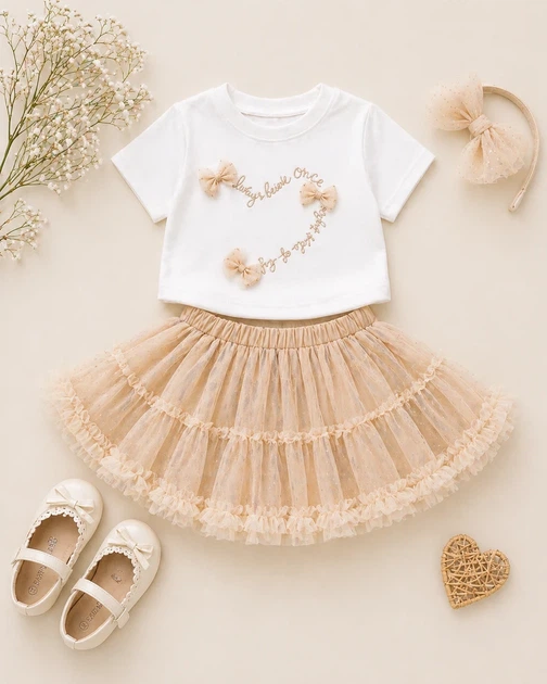 Комплект для девочки BOW TULLE SET Kiddo бежевый 98 см - изображение 3