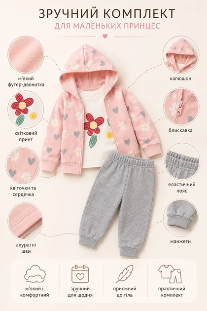 Комплект тройка Little Blossom Kiddo розовый 80 см - Фото 3 Комплект тройка Little Blossom Kiddo розовый 80 см - изображение 3