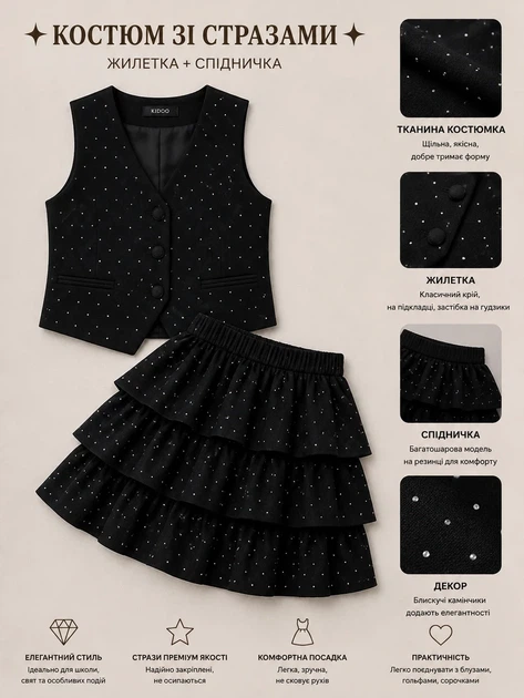Костюм для девочки «Shine School» Kiddo черный 146 см - Фото 3 Костюм для девочки «Shine School» Kiddo черный 146 см - изображение 3
