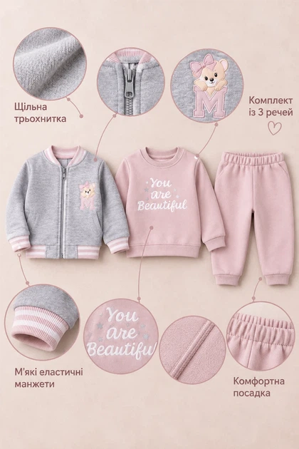 Комплект-тройка теплый «You Are Beautiful» Kiddo пудровый 92 см - Фото 3 Комплект-тройка теплый «You Are Beautiful» Kiddo пудровый 92 см - изображение 3