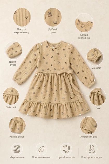 Платье из микровельвета Little Rose Kiddo кофейный 104 см - Фото 3 Платье из микровельвета Little Rose Kiddo кофейный 104 см - изображение 3