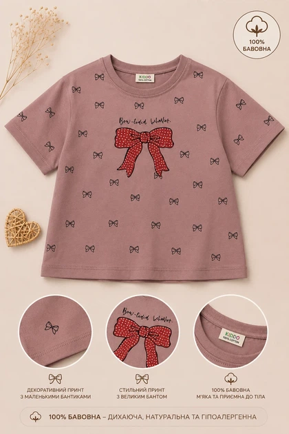 Футболка Bow Print Kiddo Пудра розмір 98 (KIDDO-9C4747510B1E42BB9365FA8462A8A5C4) - Фото 3 Футболка Bow Print Kiddo Пудра розмір 98 (KIDDO-9C4747510B1E42BB9365FA8462A8A5C4) - изображение 3