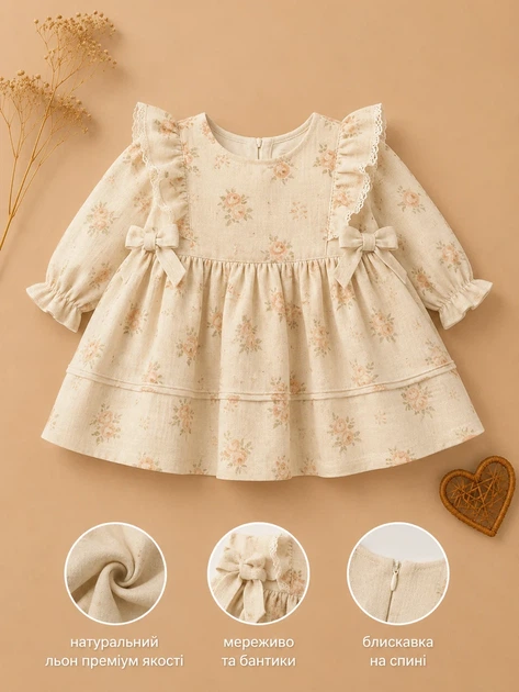 Платье льняное с цветочным принтом “Floral Linen” Kiddo молочный 80 см - изображение 3