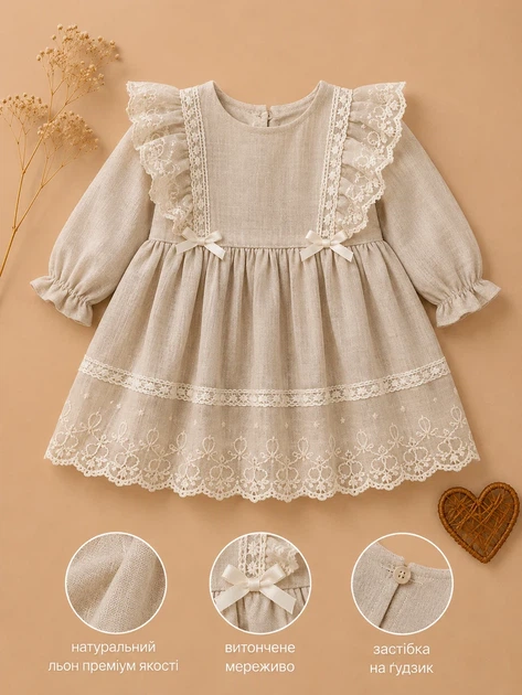 Платье льняное с кружевом “Elise” Kiddo бежевый 80 см - изображение 3