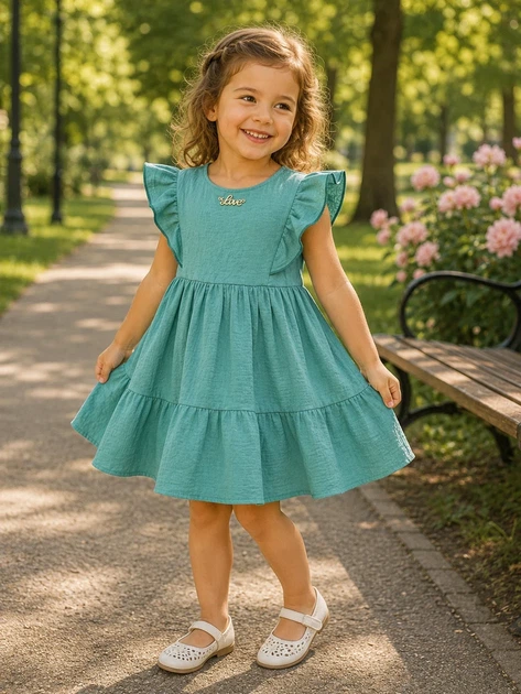 Платье ярусное с рюшами и брошью "Love" Kiddo зеленый 104 см - Фото 1 Платье ярусное с рюшами и брошью "Love" Kiddo зеленый 104 см - изображение 1