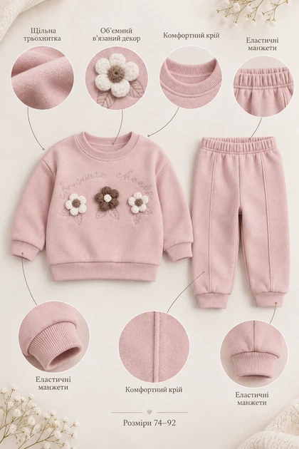 Комплект теплый «Cozy Flowers» Kiddo розовый 92 см - Фото 3 Комплект теплый «Cozy Flowers» Kiddo розовый 92 см - изображение 3