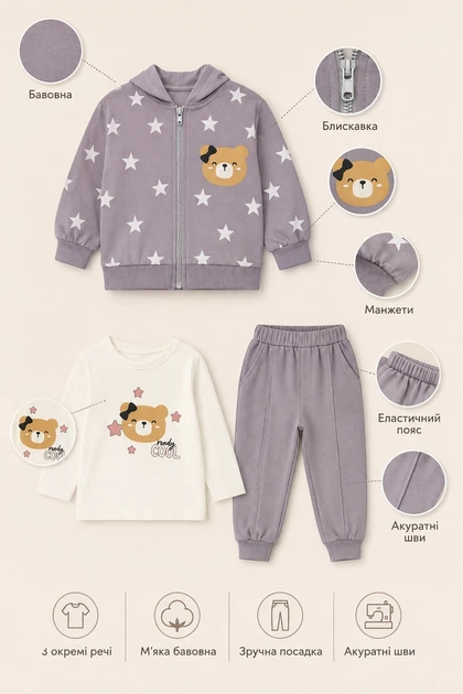 Костюм-тройка для девочки Teddy Stars Kiddo лавандово-фиолетовый 98 см - Фото 3 Костюм-тройка для девочки Teddy Stars Kiddo лавандово-фиолетовый 98 см - изображение 3