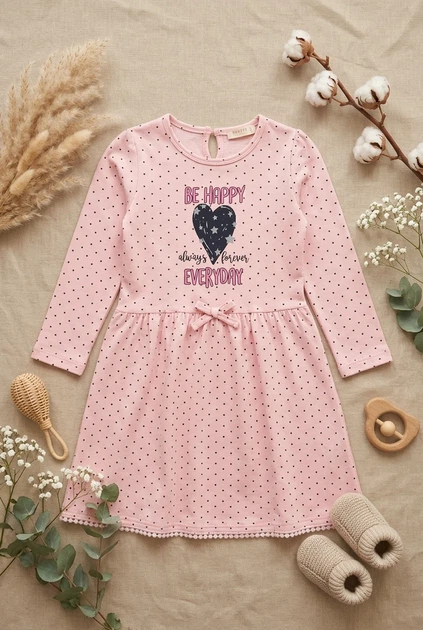 Платье розовое в мелкий горошек с надписью "BE HAPPY" Kiddo розовый 128 см - Фото 3 Платье розовое в мелкий горошек с надписью "BE HAPPY" Kiddo розовый 128 см - изображение 3