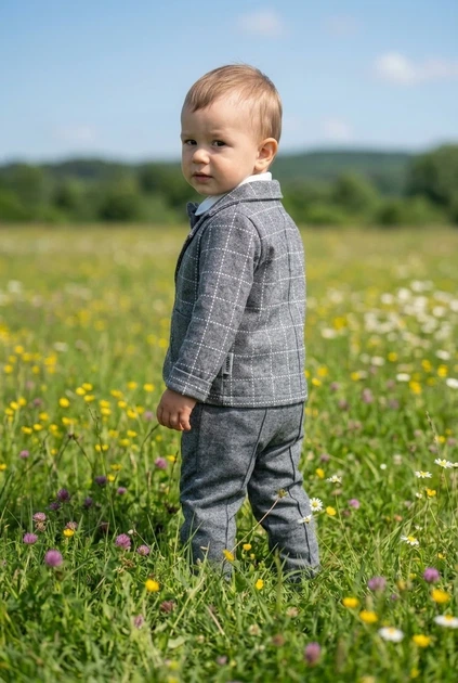 Костюм-тройка для мальчика с пиджаком в клетку и бабочкой Kiddo серый 74 см - изображение 2