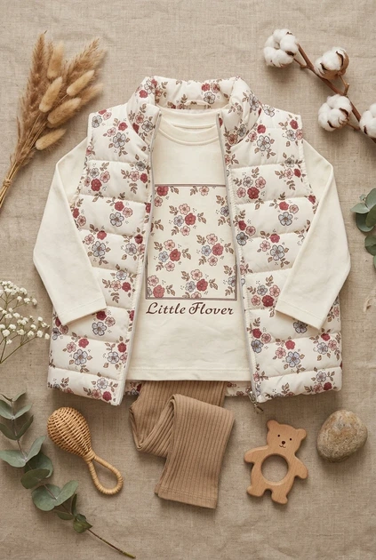 Комплект-тройка с жилеткой "Little Flower" Kiddo молочный 104 см - Фото 3 Комплект-тройка с жилеткой "Little Flower" Kiddo молочный 104 см - изображение 3