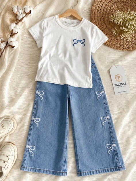 Комплект двойка с джинсами палаццо Denim Bows Kiddo молочный 116 см - изображение 3