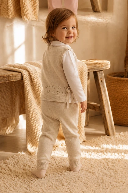 Комплект-трійка в’язаний Cozy Baby Kiddo бежевий 74 см - Фото 2 Комплект-трійка в’язаний Cozy Baby Kiddo бежевий 74 см - зображення 2