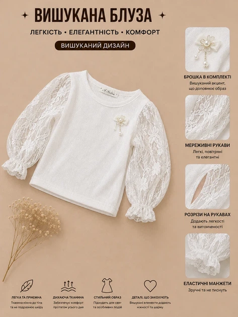 Блуза Elegant Lace Kiddo Молочний «Ажур» розмір 134 (KIDDO-61F4272F860E4CC4B963CAABD9CCB994) - зображення 3