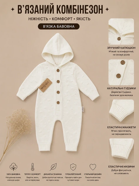 Комбинезон вязаный для малышей Little Cloud Kiddo молочный 74 см - Фото 3 Комбинезон вязаный для малышей Little Cloud Kiddo молочный 74 см - изображение 3