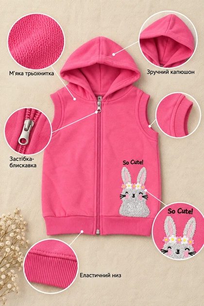 Жилетка с капюшоном So Cute Bunny Kiddo розовый 98 см - изображение 3