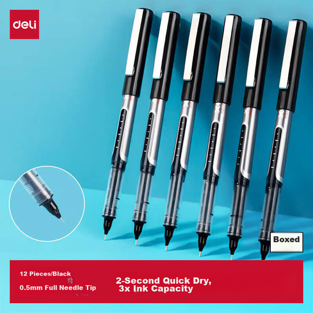 Гелевая ручка Deli S657 с игольчатым наконечником 0,5 мм, черная, 12 шт./коробка. Незаменимый аксессуар для школы, офиса и школы. - изображение 4
