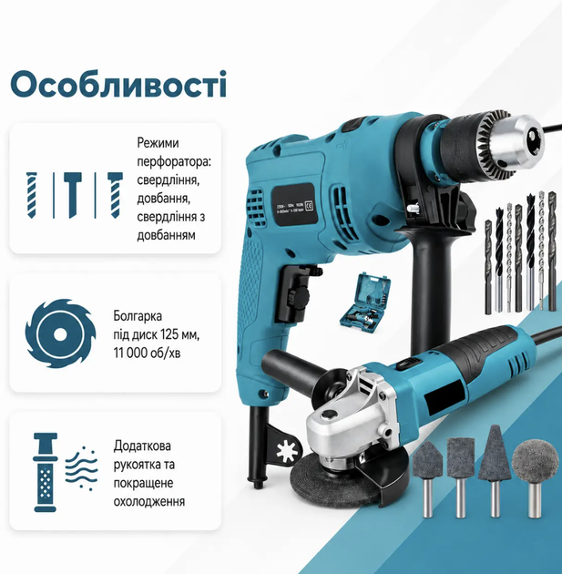 Набор сетевого электроинструмента BOXER BX-7117 2в1 900 Вт Болгарка 125 мм Перфоратор 3 режима с реверсом Сверла и оснастка в кейсе - изображение 3