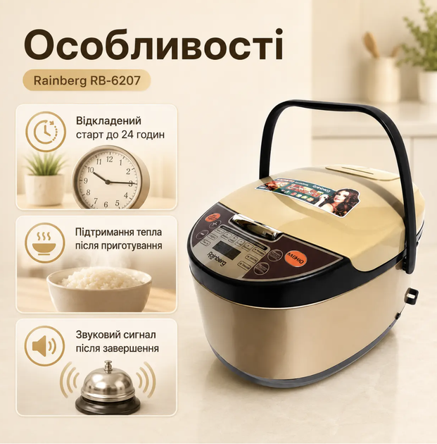Мультиварка Rainberg RB-6207 1500 Вт 6 л 12 программ Электронное управление с дисплеем Отложенный старт до 24 часов Антипригарная чаша Пароварка для дома - изображение 2
