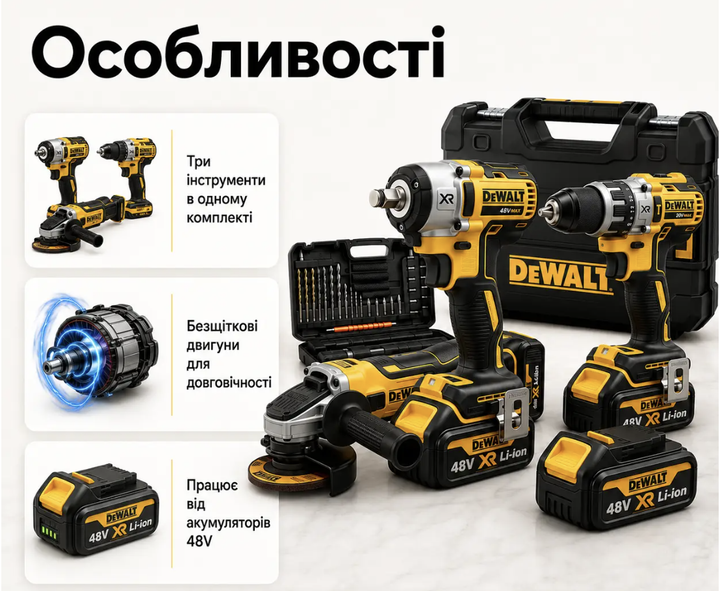 Набор аккумуляторного инструмента DeWalt 3в1 48 В 5 А·ч 2 АКБ Бесщеточная болгарка шуруповерт гайковерт LED Регулировка оборотов в кейсе - изображение 3