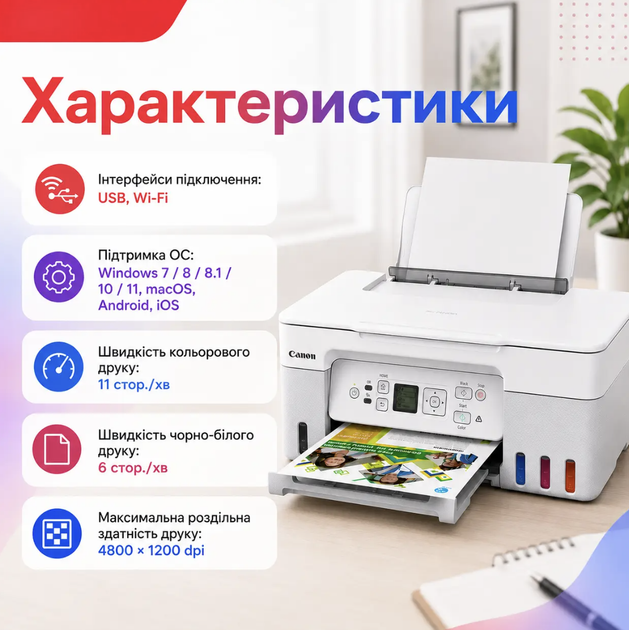 МФУ Canon PIXMA G3470 3в1 A4 струйный цветной Wi-Fi USB MegaTank 4800×1200 dpi СНПЧ Принтер сканер копир Фотопечать без полей - изображение 2