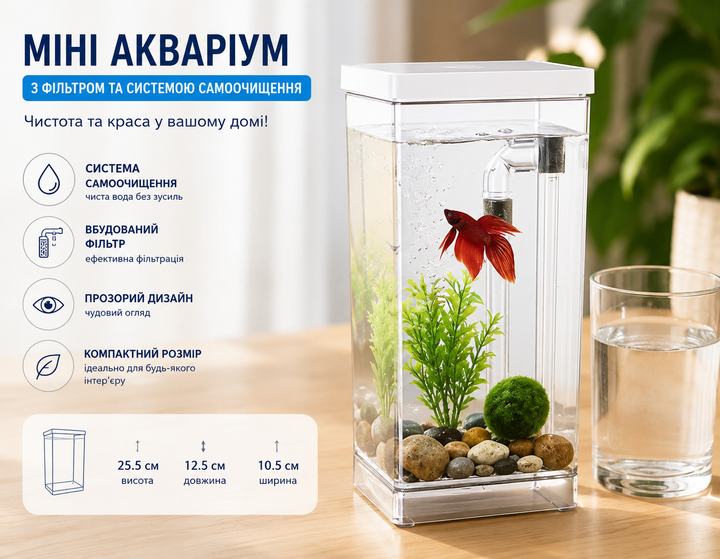 Мініакваріум для рибок настільний з LED-підсвіткою та системою очищення води - Фото 1 Мініакваріум для рибок настільний з LED-підсвіткою та системою очищення води - зображення 1