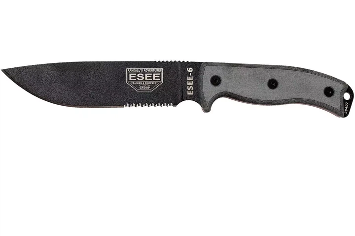 Ніж туристичний для польової кухні Esee Model 6 Gray Micarta Partially Serrated ESEE-6S-KO (knife only) - Фото 1 Ніж туристичний для польової кухні Esee Model 6 Gray Micarta Partially Serrated ESEE-6S-KO (knife only) - изображение 1