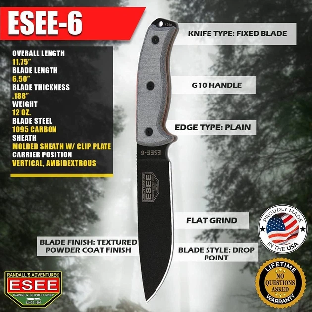 Ніж туристичний для польової кухні Esee Model 6 Gray Micarta ESEE-6P-B - изображение 11