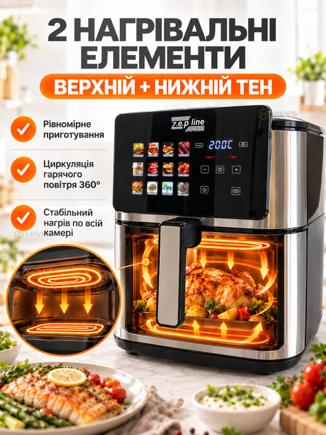 Аэрофритюрница 13 л 4200 Вт, мультипечь с двумя ТЭНами, аэрогриль без масла, 12 программ, сенсорное управление, гриль - изображение 2