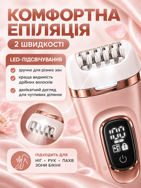 Епілятор жіночий акумуляторний 3 в 1 для ніг, рук, пахв і бікіні, бритва та пемза, LED-дисплей, 60 хв роботи, помаранчевий - зображення 3